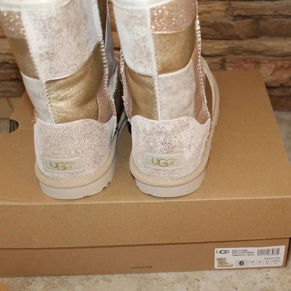 NEW GIRL'S  UGG PATCHWORK Metallic‎ Leather Short Boots GOLD